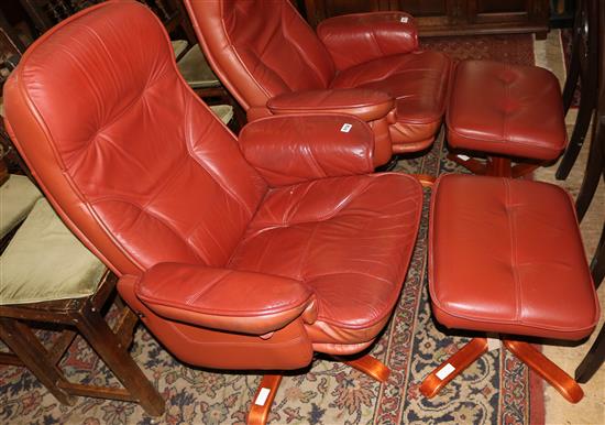 Mobel red leather upholstered swivelling and reclining armchairs and matching stool